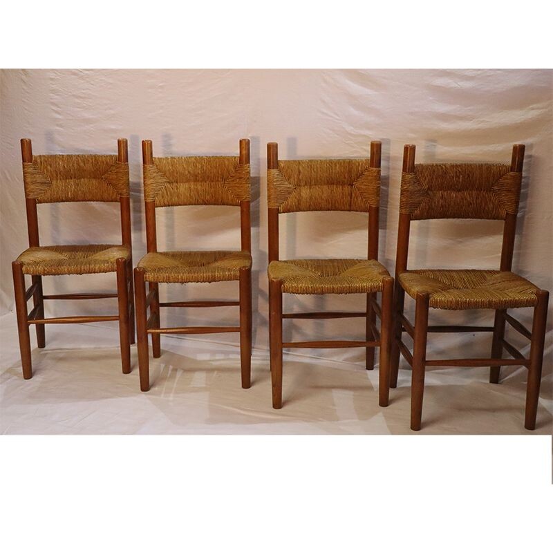 Suite de 4 chaises vintage en bois et paille 1960