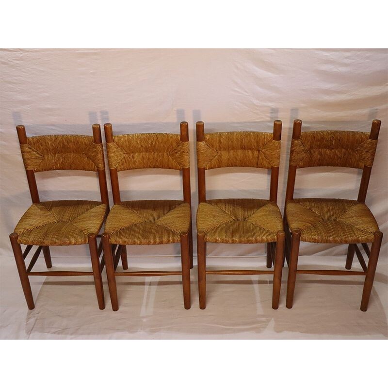 Suite of 4 vintage chairs in wood and straw 1960