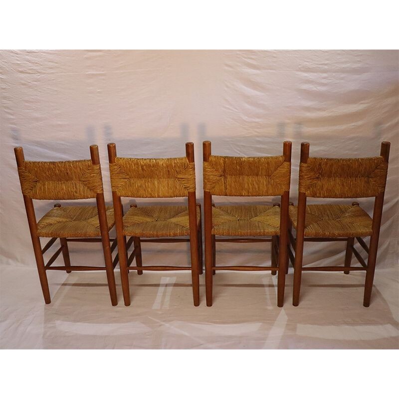 Suite of 4 vintage chairs in wood and straw 1960