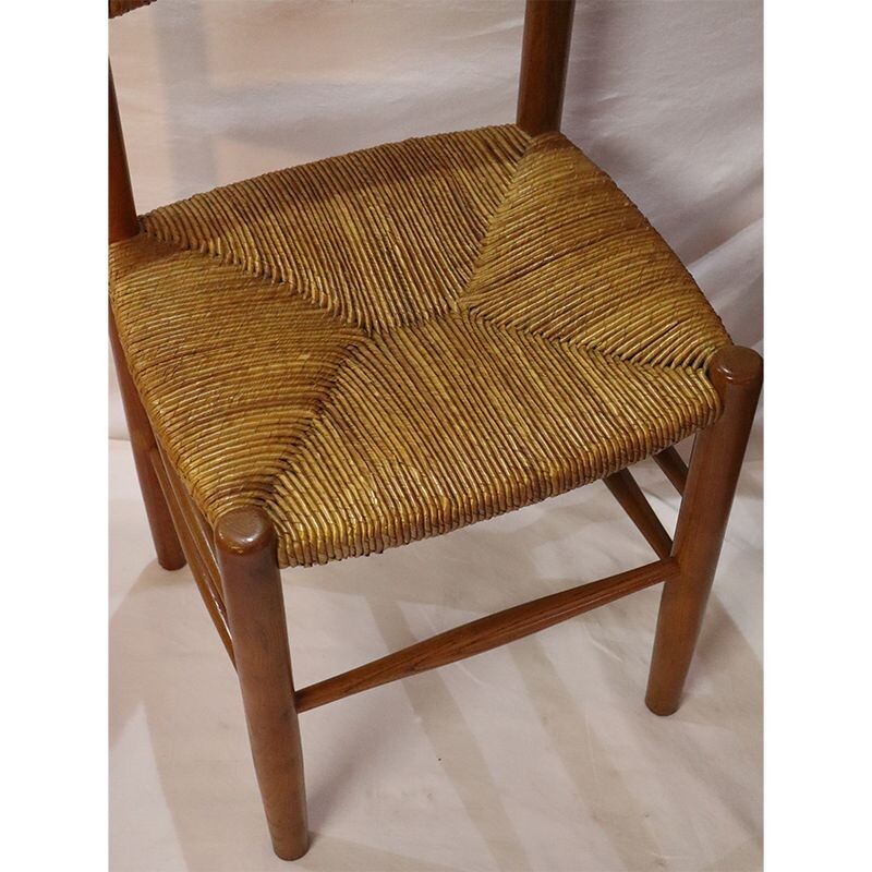 Suite de 4 chaises vintage en bois et paille 1960