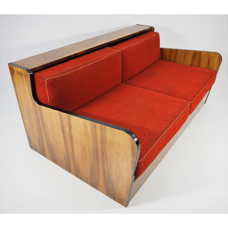 Vintage Walnut Sofa Bed, Art Deco 1960s