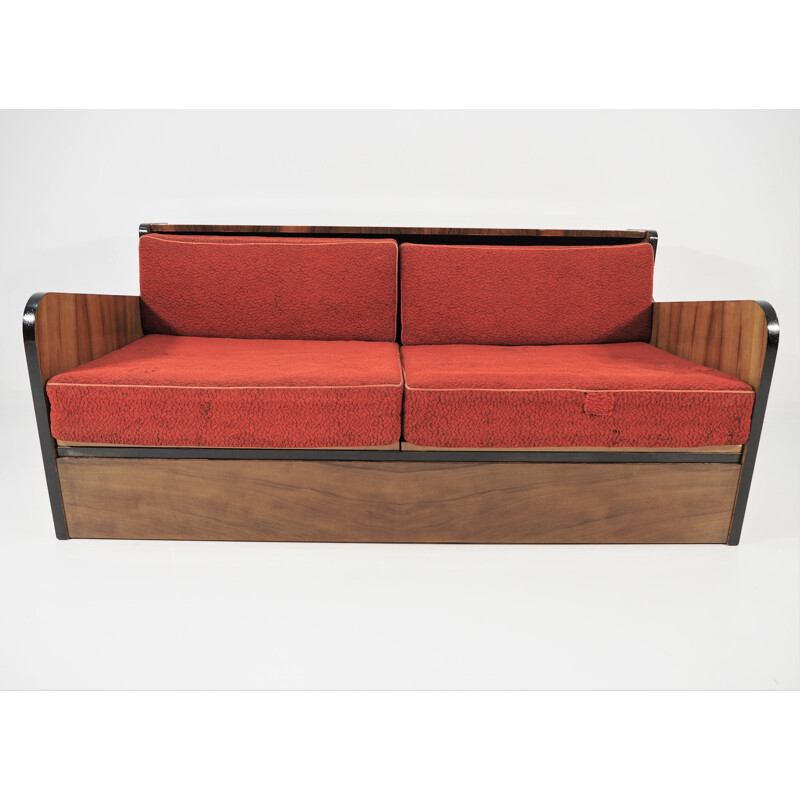 Vintage Walnut Sofa Bed, Art Deco 1960s