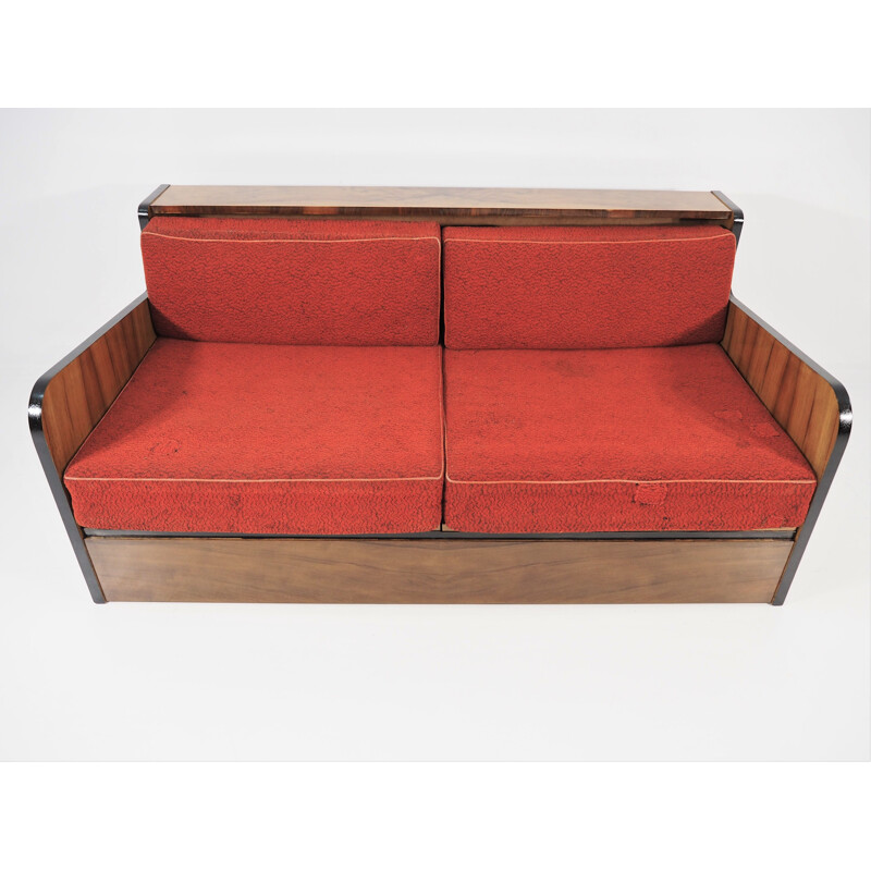 Vintage Walnut Sofa Bed, Art Deco 1960s