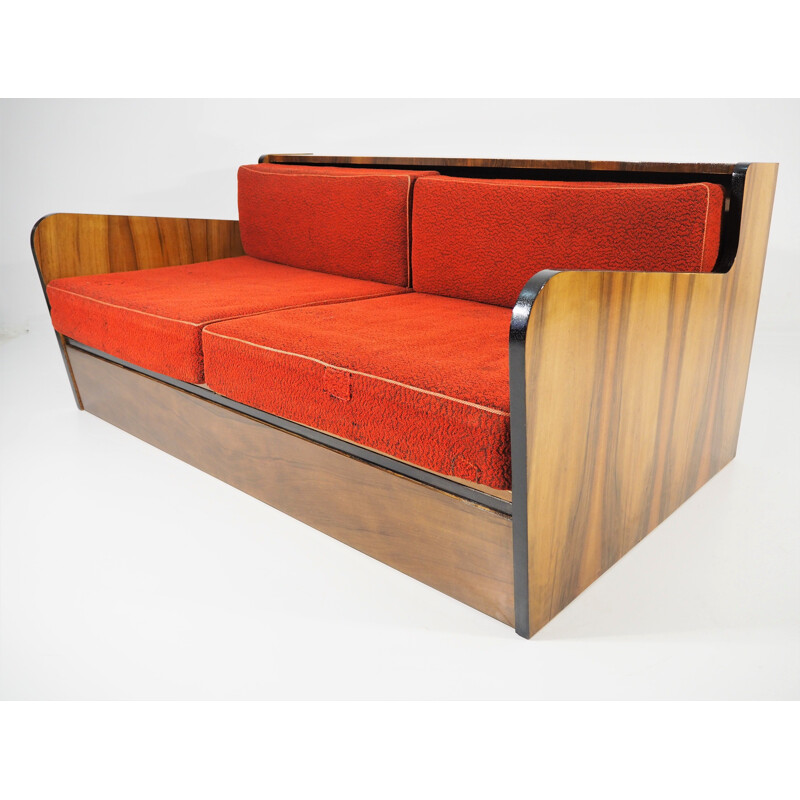 Vintage Walnut Sofa Bed, Art Deco 1960s