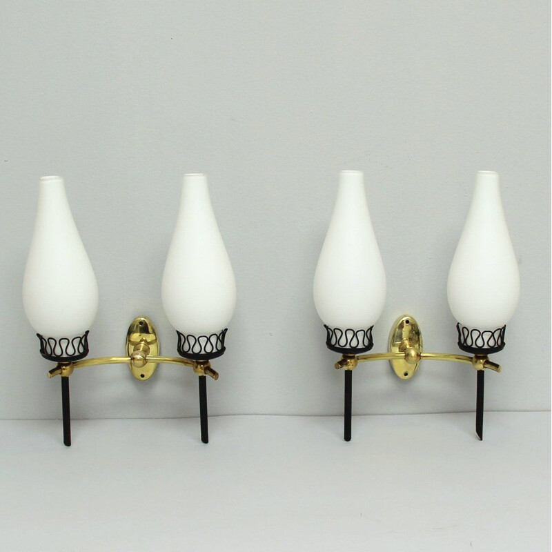 Pair of vintage sconces in brass and opal glass, Italy 1950