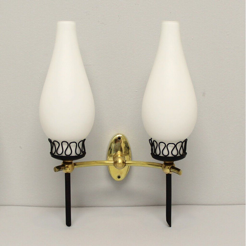 Pair of vintage sconces in brass and opal glass, Italy 1950
