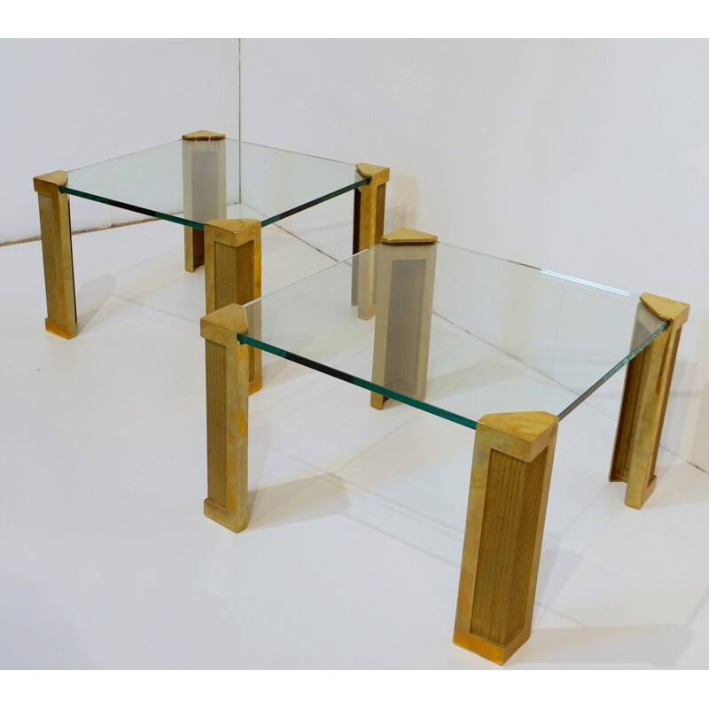 Pair of Coffee Tables .0vintage Model T14 In Brass And Glass By Peter Ghyczy For Ghyczy, 1970