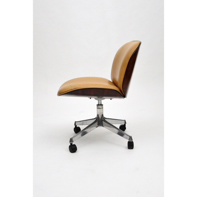 Vintage Leather Office Chair By Ico Parisi For Mim,Rosewood And Cognac 1960s