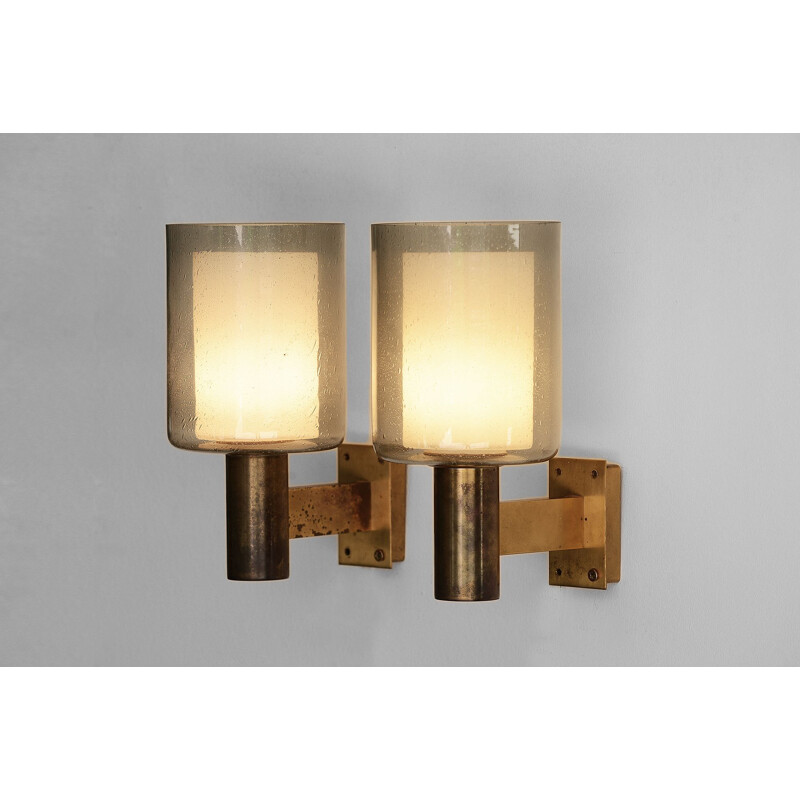 Pair of vintage brass sconceswall lights with glass shades from Falkenbergs belysning Sweden 1960s