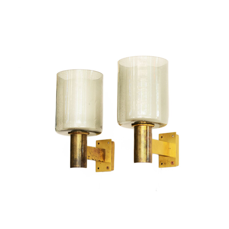 Pair of vintage brass sconceswall lights with glass shades from Falkenbergs belysning Sweden 1960s