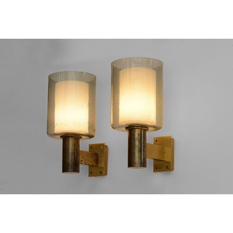 Pair of vintage brass sconceswall lights with glass shades from Falkenbergs belysning Sweden 1960s