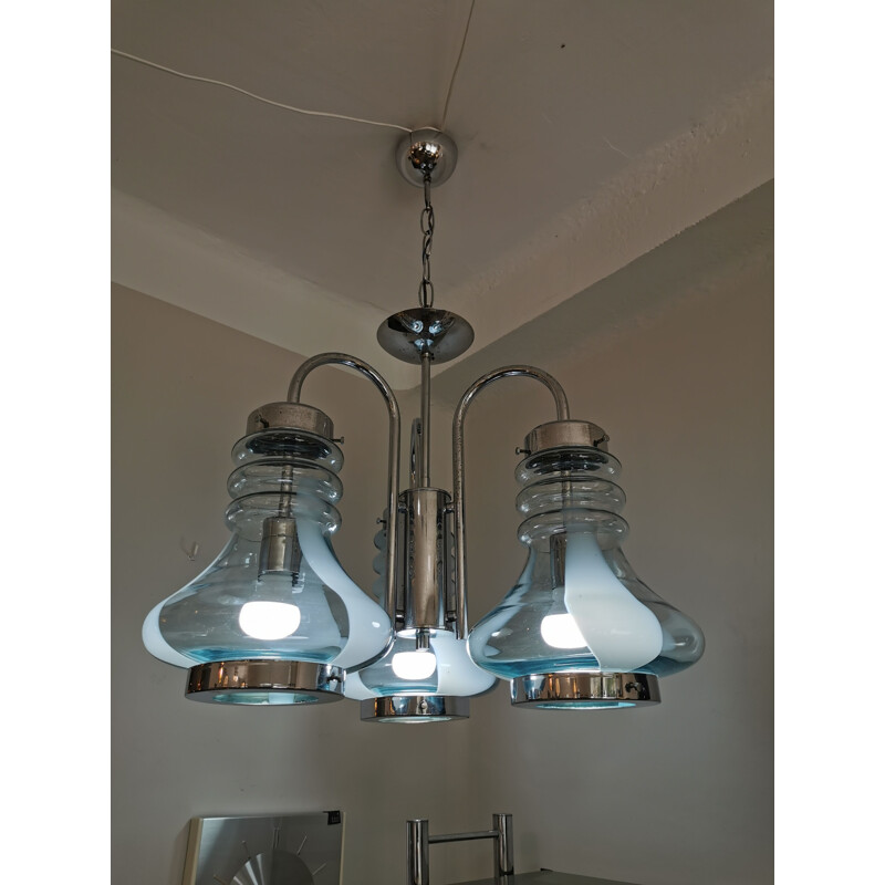 Vintage industrial triple bell chandelier in murano glass and italian chrome 1960