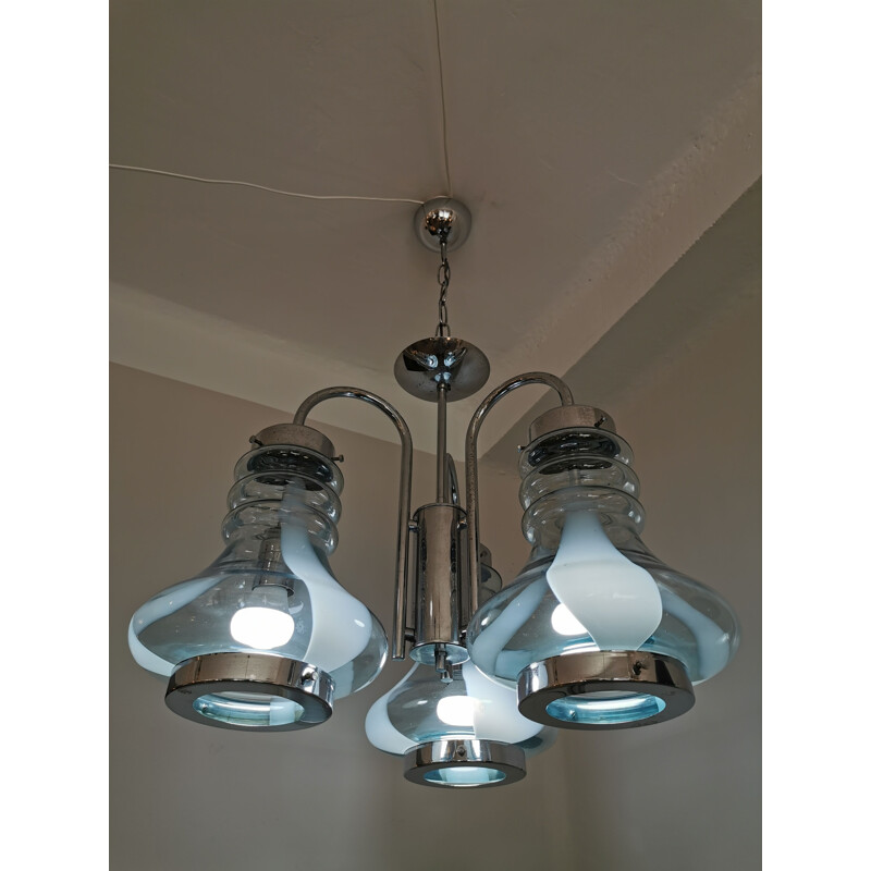 Vintage industrial triple bell chandelier in murano glass and italian chrome 1960