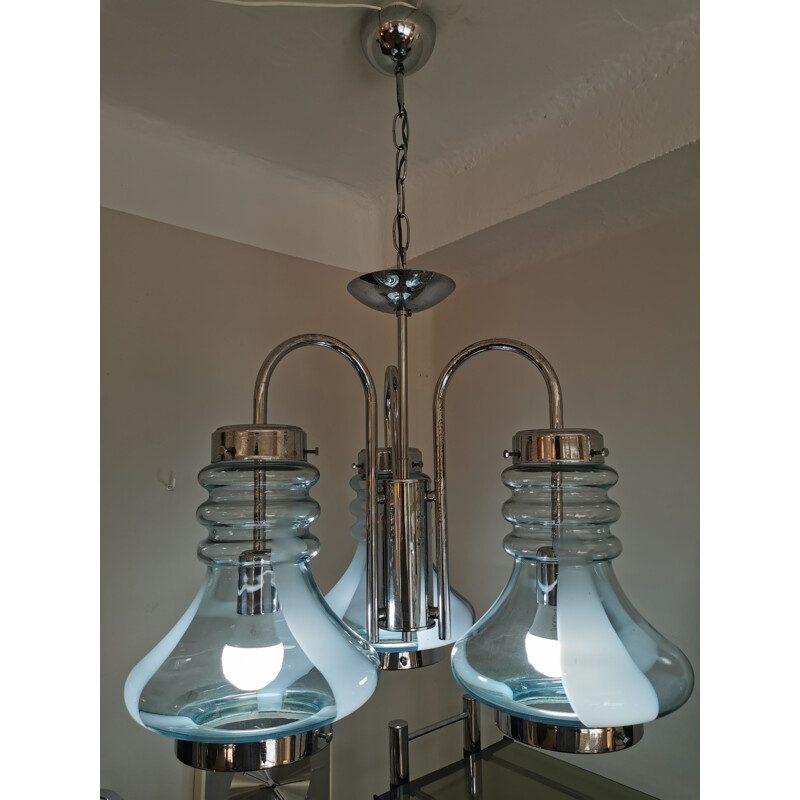 Vintage industrial triple bell chandelier in murano glass and italian chrome 1960
