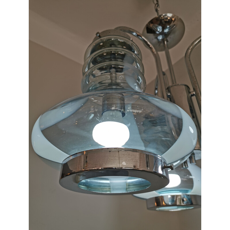 Lustre vintage industriel triple cloche en verre de murano et chrome italien 1960