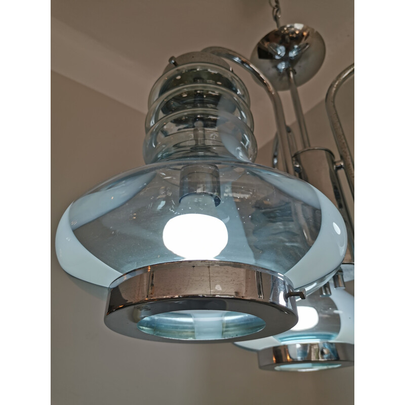 Vintage industrial triple bell chandelier in murano glass and italian chrome 1960