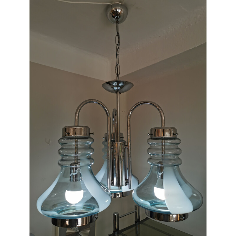 Vintage industrial triple bell chandelier in murano glass and italian chrome 1960