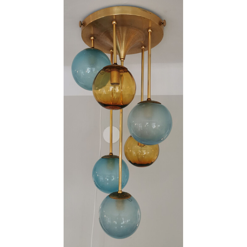 Suspension vintage cascade en laiton et verre italienne 1970