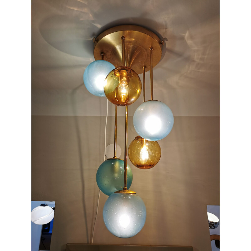 Suspension vintage cascade en laiton et verre italienne 1970