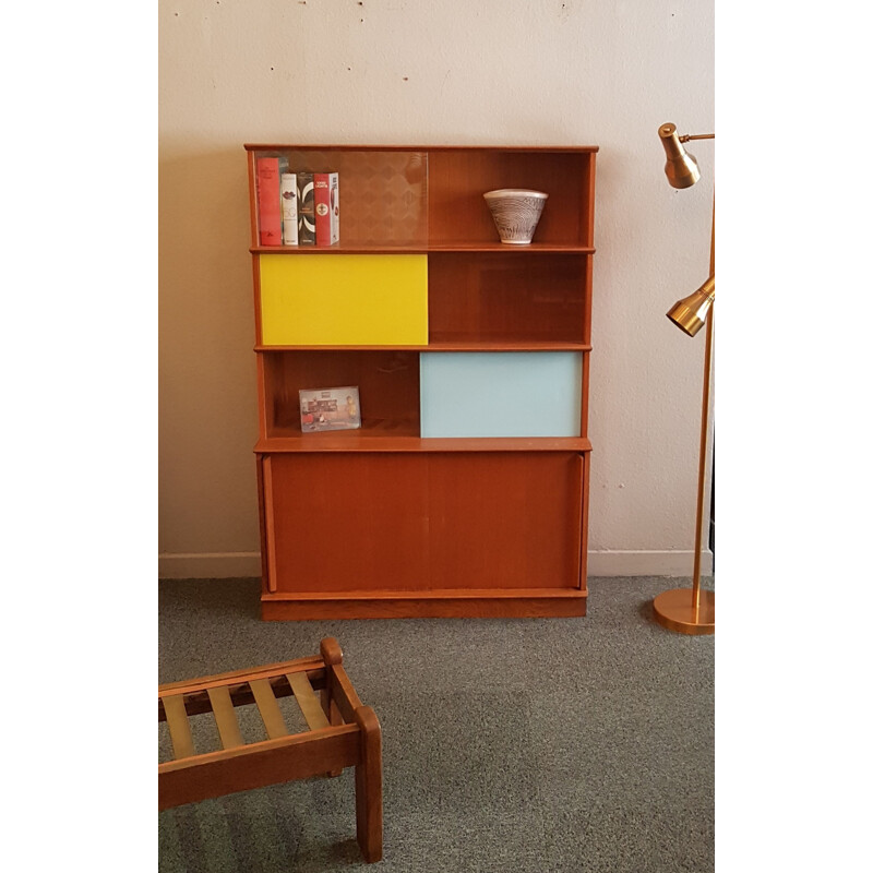 Vintage Oscar bookcase in oak, with wooden sliding doors, glass by Didier Rozaffy