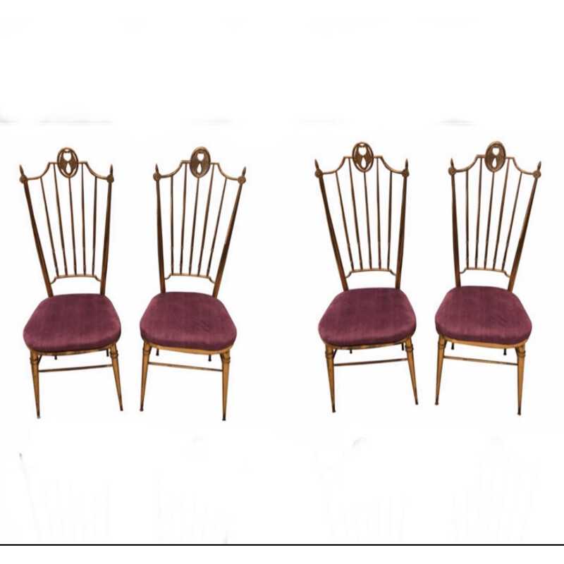 Ensemble de 4 chaises Chiavari vintage en laiton et velours violet, Italie 1960