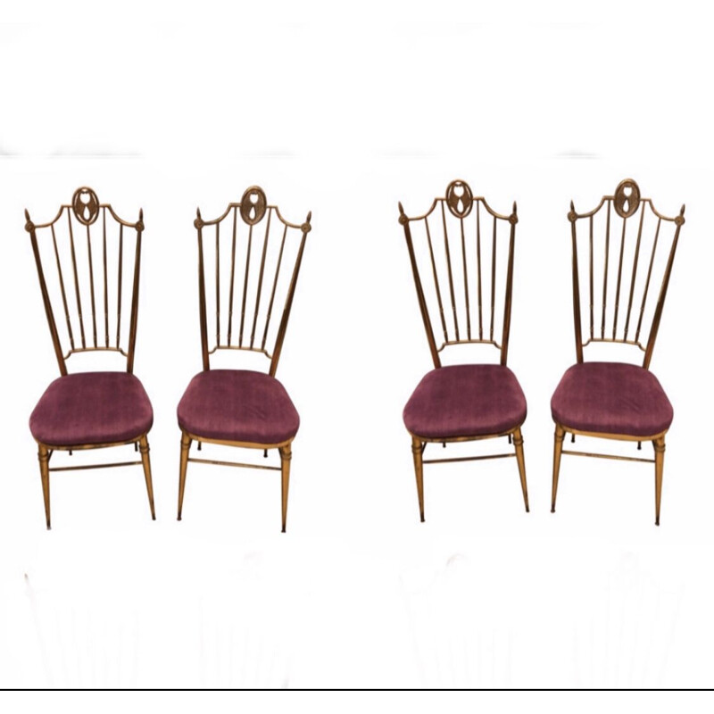 Set of 4 vintage Brass and Purple Velvet Chiavari Chairs, Italy 1960