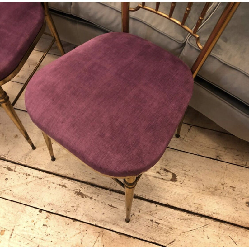 Ensemble de 4 chaises Chiavari vintage en laiton et velours violet, Italie 1960