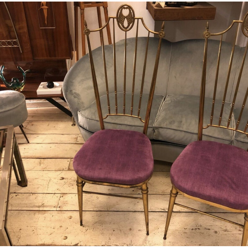 Set of 4 vintage Brass and Purple Velvet Chiavari Chairs, Italy 1960