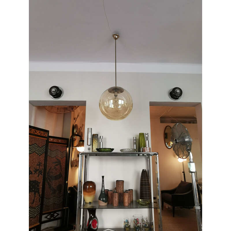 Suspension vintage globe XXL verre doré Italienne 1960