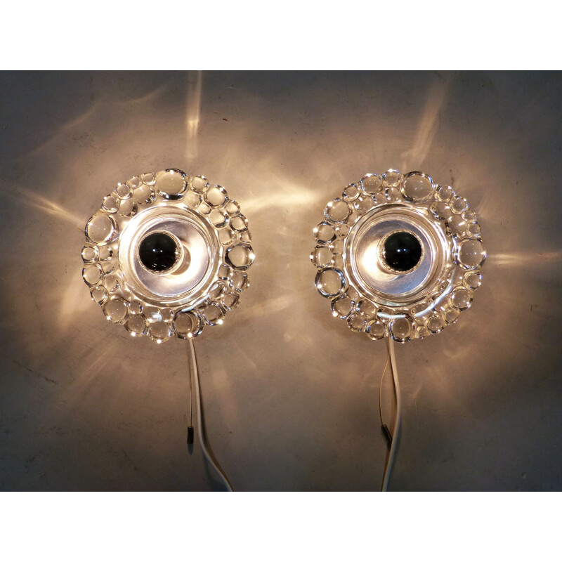 Pair of vintage glass and chrome wall sconces by Hillebrand, Germany 1960