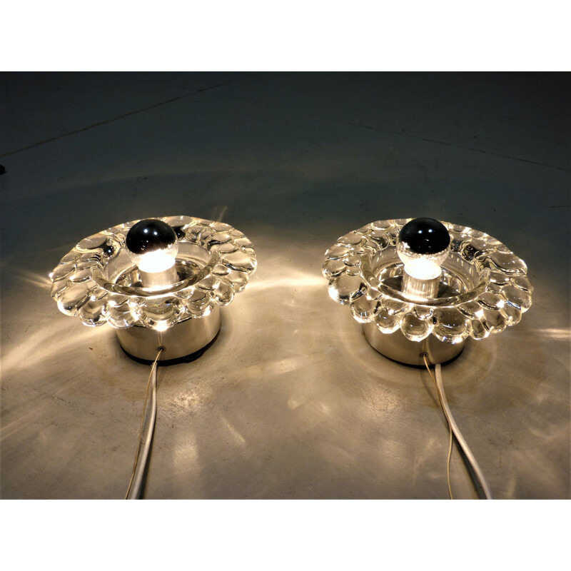 Pair of vintage glass and chrome wall sconces by Hillebrand, Germany 1960