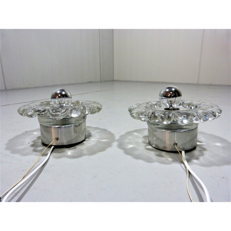 Pair of vintage glass and chrome wall sconces by Hillebrand, Germany 1960