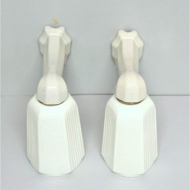 Pair of Vintage Art Deco Porcelain and Opaline Glass Wall Sconces, 1940s, Set of 2