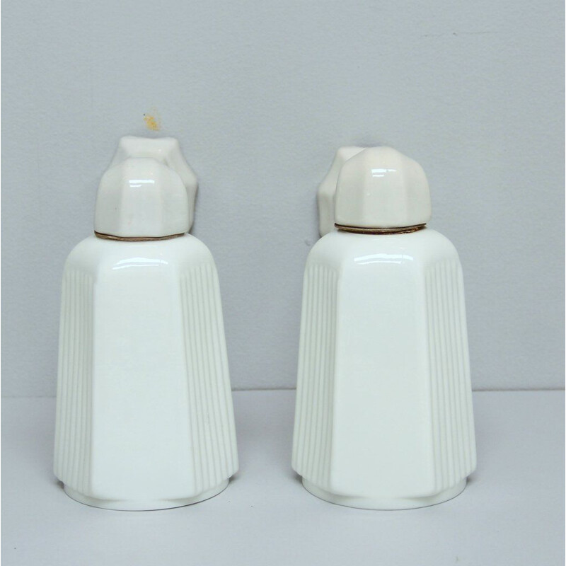 Pair of Vintage Art Deco Porcelain and Opaline Glass Wall Sconces, 1940s, Set of 2