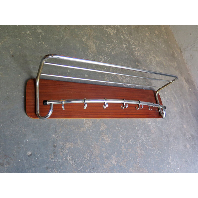 Vintage large chrome rack in a wooden board, 1950s