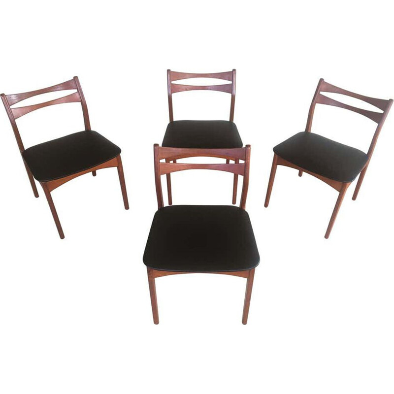 Ensemble de 4 chaises vintage en teck, rembourrées en faux cuir noir, Danemark, 1960