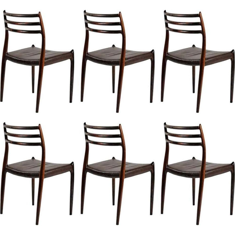 Set of 6 vintage rosewood chairs by N. O. Moller for J.L. Møllers Møbelfabrik, 1954