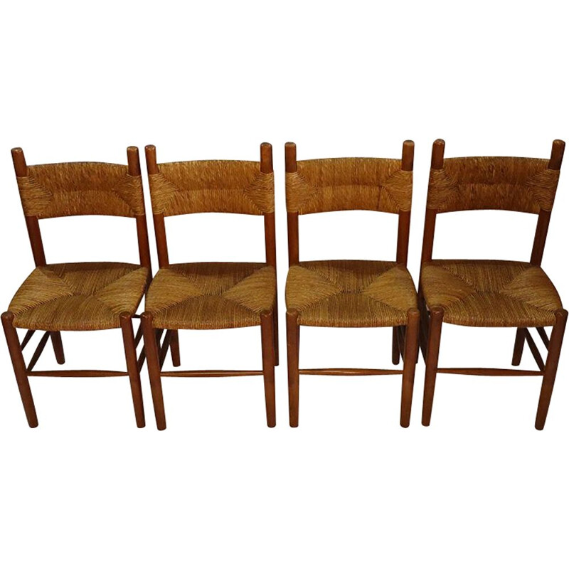 Suite of 4 vintage chairs in wood and straw 1960