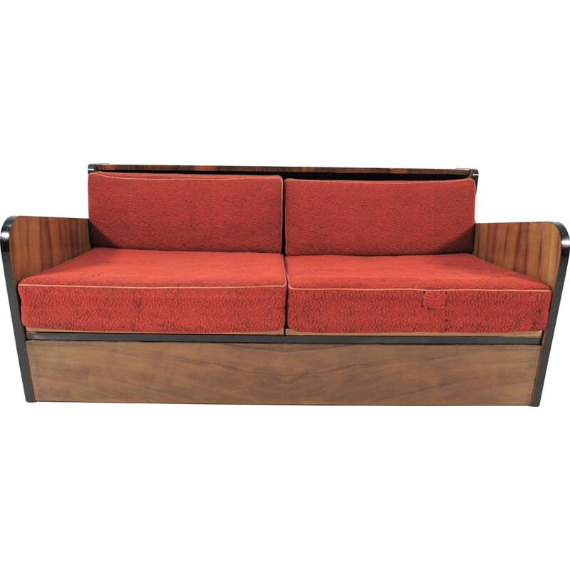 Vintage Walnut Sofa Bed, Art Deco 1960s