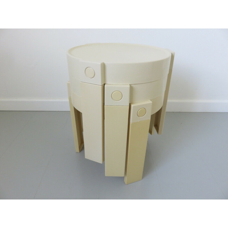 Serie de 3 tables gigognes vintage en plastique blanc holland 1970