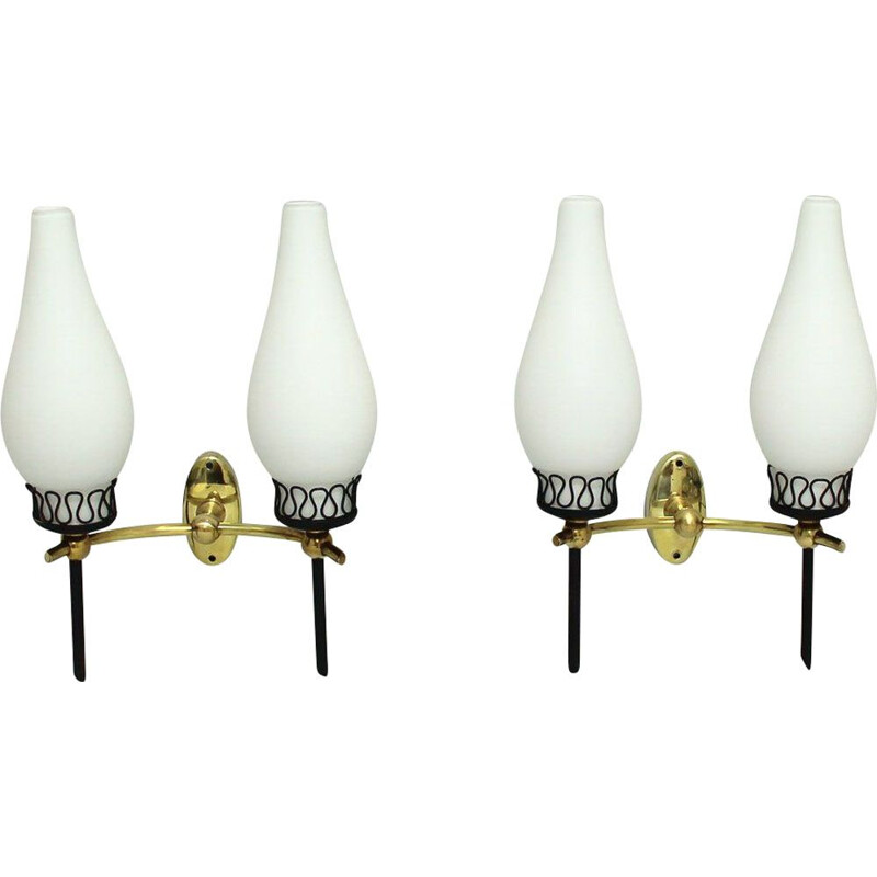 Pair of vintage sconces in brass and opal glass, Italy 1950