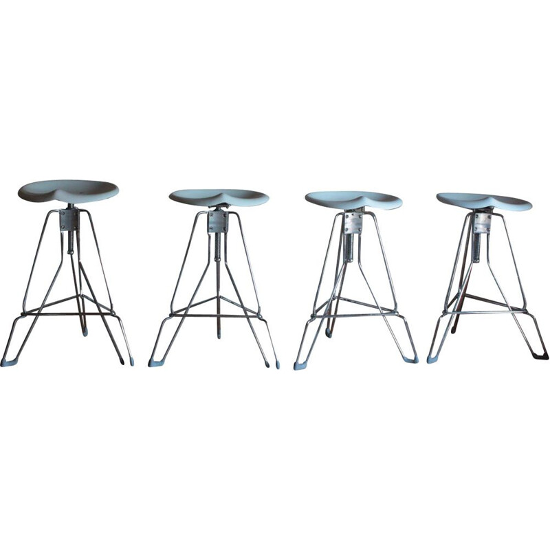 set of 4 vintage chromed metal stools and white lacquered metal seat Yasu Sasamoto by Dulton 1980