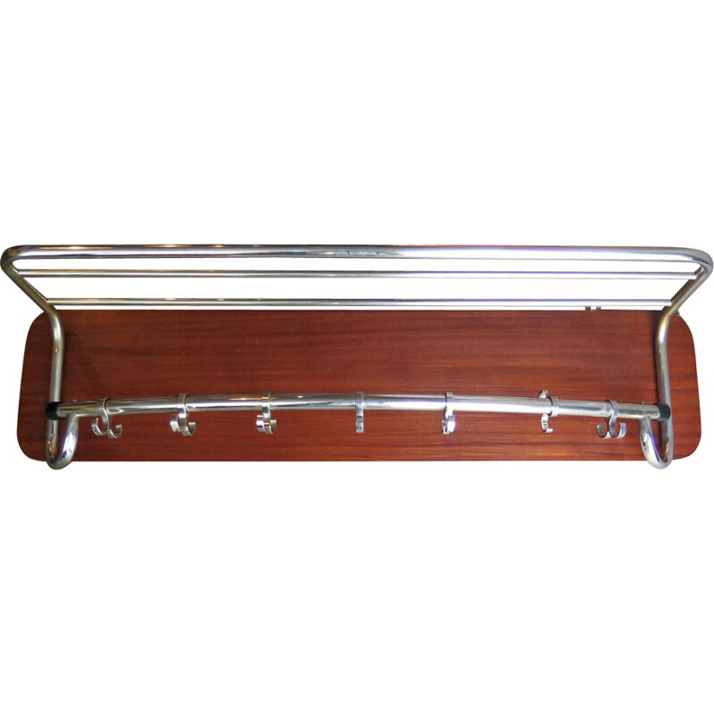 Vintage large chrome rack in a wooden board, 1950s