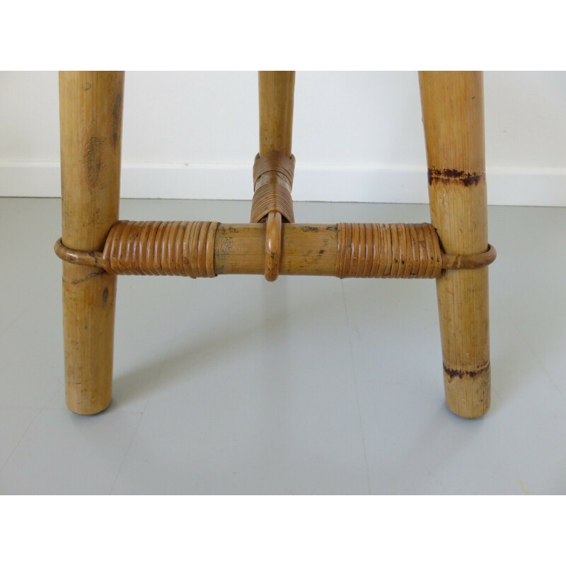 Vintage rattan bamboo tripod stool 1960