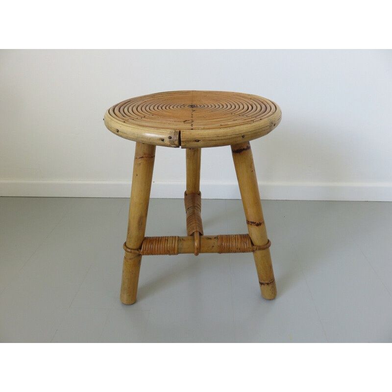 Tabouret tripode vintage en rotin bambou 1960