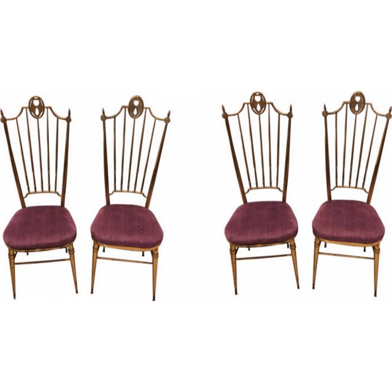 Set of 4 vintage Brass and Purple Velvet Chiavari Chairs, Italy 1960