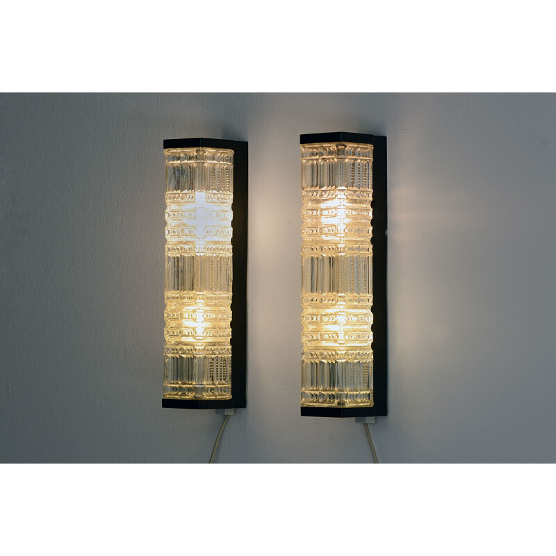 Pair of vintage glass wall lightssconces by HoSo. Germany 1970s