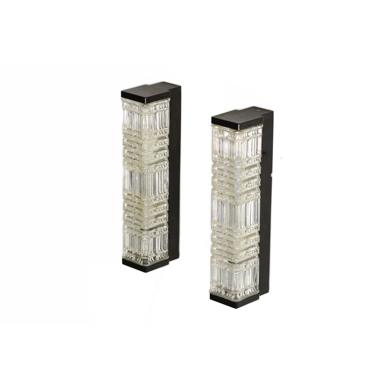 Pair of vintage glass wall lightssconces by HoSo. Germany 1970s