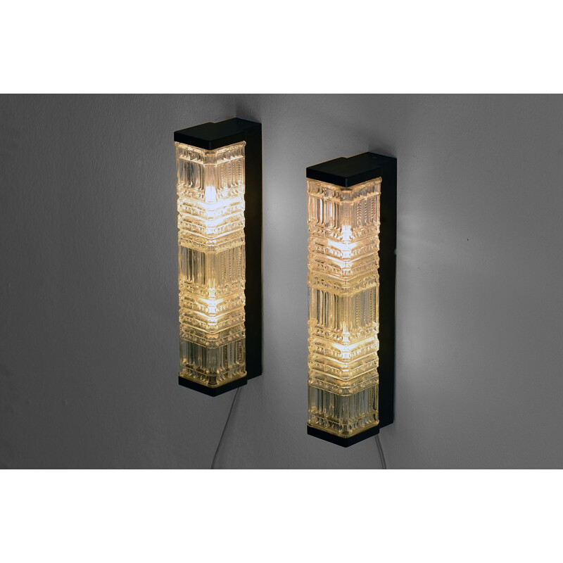 Pair of vintage glass wall lightssconces by HoSo. Germany 1970s
