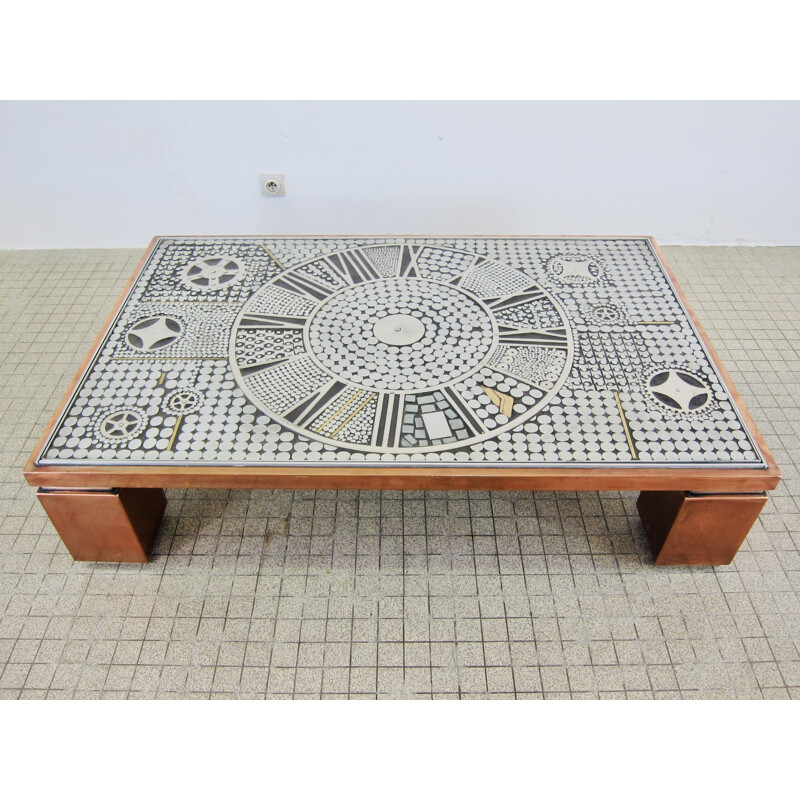 Vintage coffee table with metal inlay brutalist artwork Belgo Chrom copper
